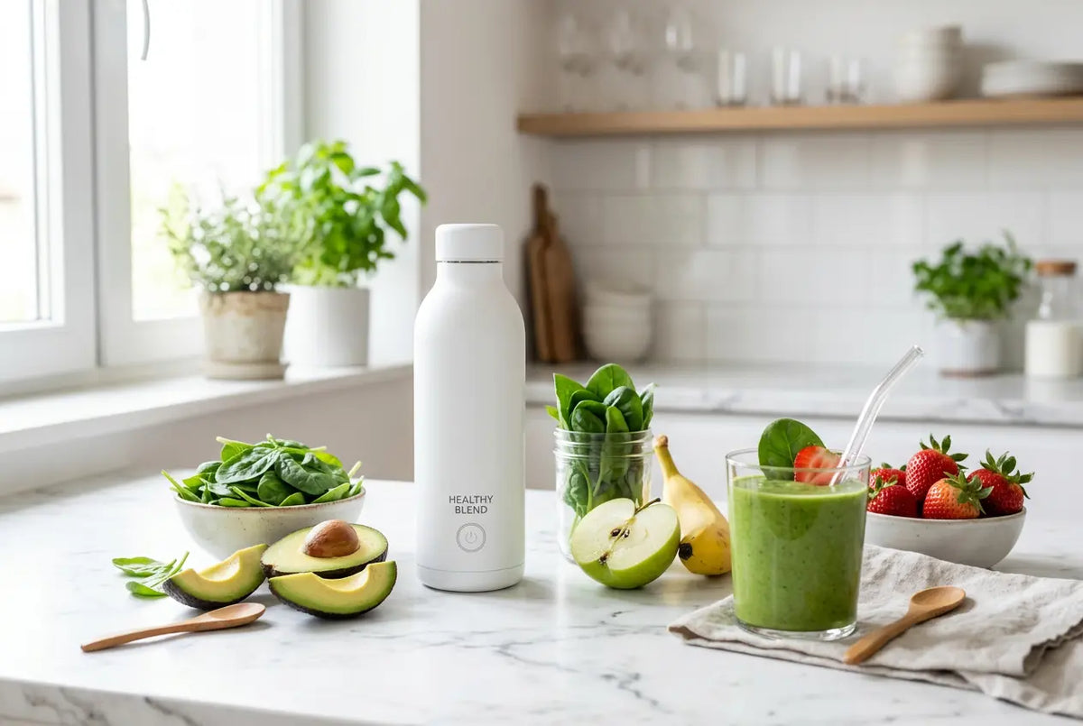 Smoothie vert sain avec fruits frais et bouteille de mixeur portable sur plan de travail.