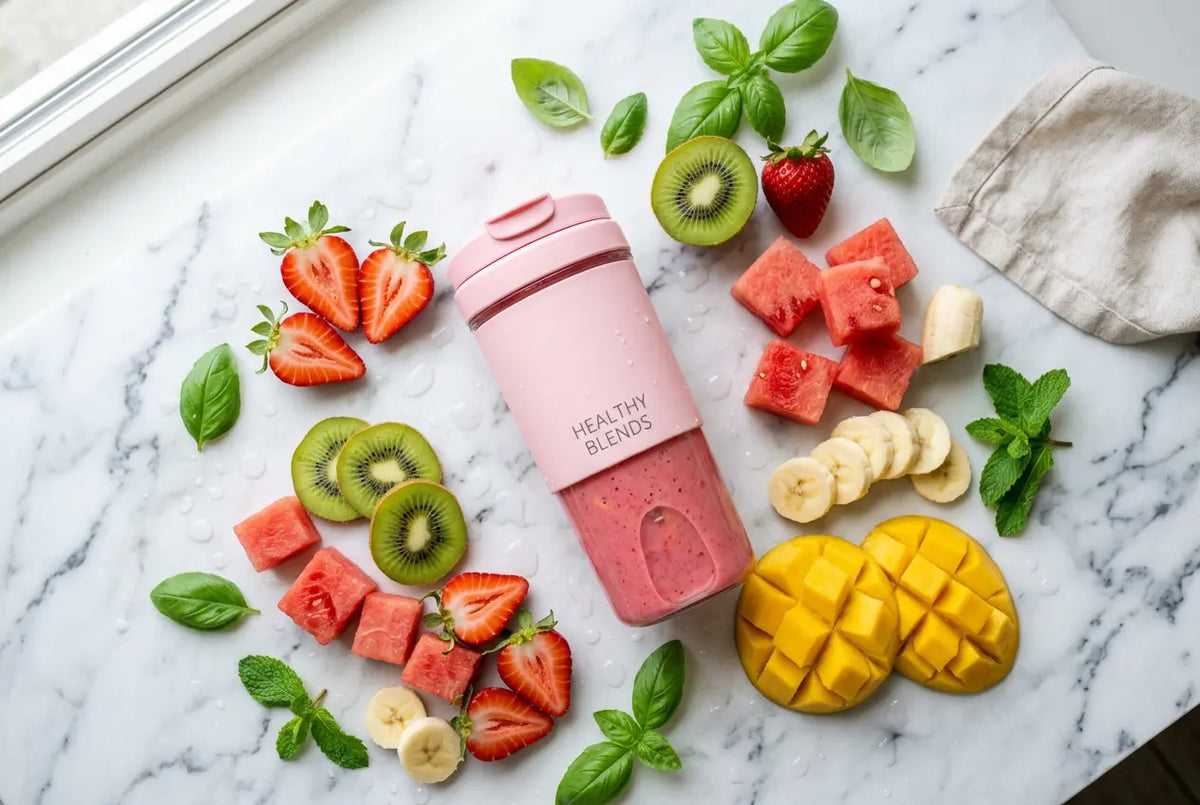Smoothie rose dans un mixeur portable rose entouré de fruits frais sur un plan de travail en marbre.