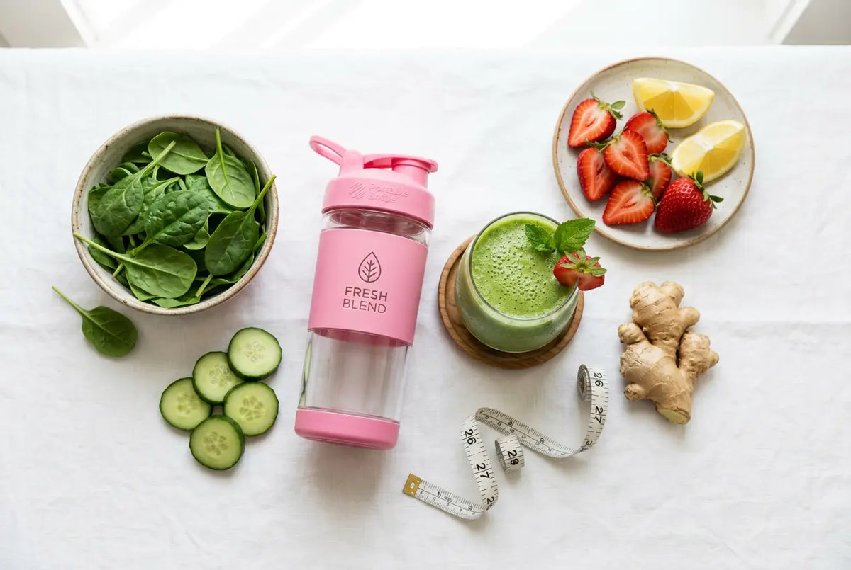 Smoothie vert détox, épinards, concombre, gingembre et ruban à mesurer pour perte de poids.