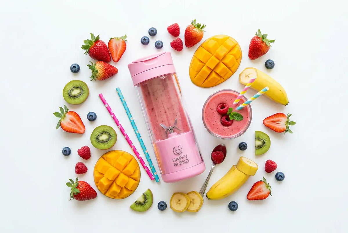 Smoothie rose dans un mixeur portable entouré de fruits frais : fraises, mangue et kiwi.